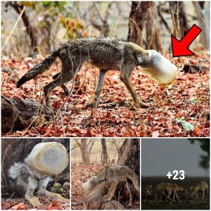 This poor wolf trapped in a giant plastic jar begged for help from the photographers