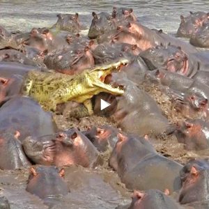 Α daredevil crocodile had a close brush with death when it accidentally swam into a group of over 30 highly agitated hippos (Video)